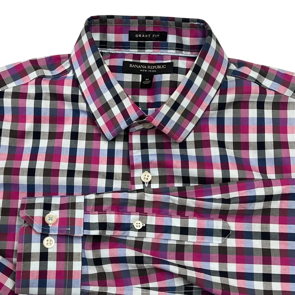 Banana Republic Men's Grant Fit Non Iron Blue Pink Plaid Button Down Shirt Sz M